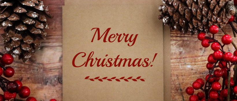 Link to image of brown paper boxes with red berries and Merry Christmas